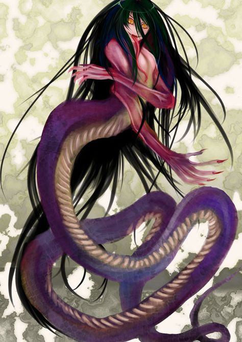 Nure-onna- Japanese folklore: a creature with the head of a woman and the body of a snake. She has snake eyes, long claws, long beautiful hair, long tongue, 300m long body, and fangs. She wishes for solitude while she washes her hair in a river. If you bother her she would attack you by sucking your blood using her long tongue and fangs. Cryptid Monsters, Nure Onna, Female Monsters, God Oc, Snake God, Japanese Urban Legends, Japanese Legends, Female Monster, Myths & Monsters