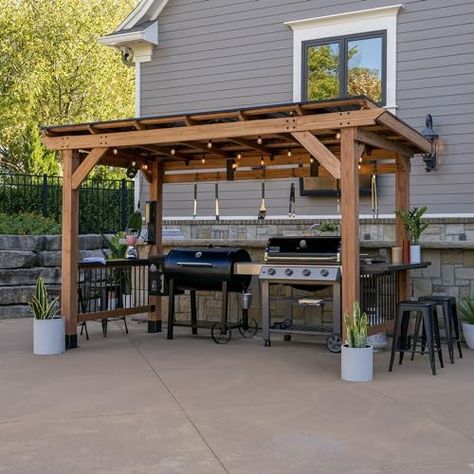 Amazon.com : Backyard Discovery Granada Grill Gazebo Pavilion w/Outdoor Bar, 80" Grill Space, Hard Top Steel Metal Roof, Wind Resistant - 100 mph, Supports 4,800 lbs of Snow, Electrical Outlet, USB, Grilling Hooks : Patio, Lawn & Garden Gazebo Pavilion, Grill Gazebo, Grill Area, Gazebo Pergola, Outdoor Grill, Electrical Outlets, Outdoor Bar, Outdoor Ideas, Garden Patio Furniture