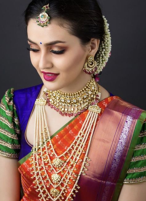 Bananas Saree, Panch Lada, Telugu Jewellery, Blouses 2022, Pearl Bridal Jewelry Sets, Latest Bridal Makeup, Blue Blouse Designs, Haram Designs, Wedding Outfits For Women