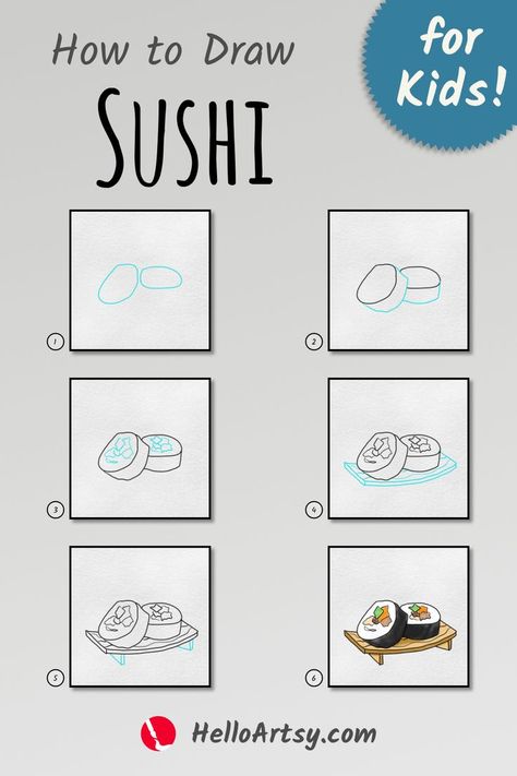 Step by step lesson illustrating  how to draw sushi Sushi For Beginners, Food Drawing Easy, Sushi Drawing, Full Drawing, Doodle Art For Beginners, Easy Sushi, Draw Easy, Drawing Lesson, Sushi Art