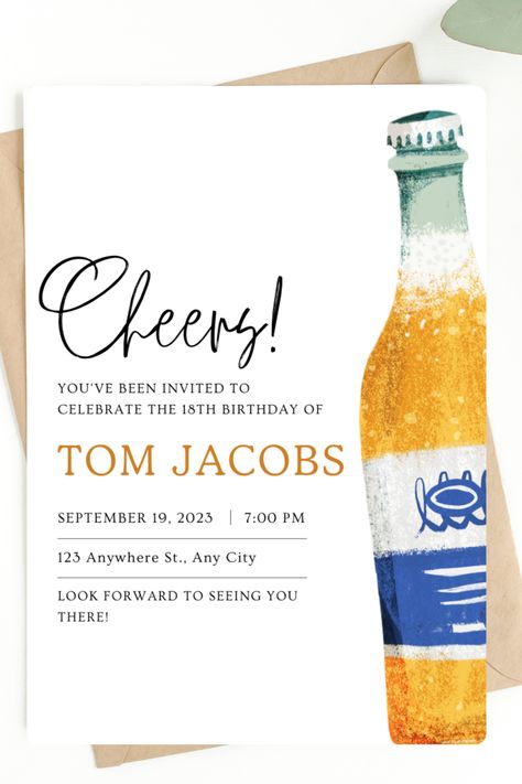 Minimalistic invitation. White background with a watercolour style glass beer bottle with a blue and white label and cap top. Invitation reads 'Cheers' Dad's Birthday, Beer Birthday, All Beer, Design Birthday, Beer Design, Digital Templates, Adult Birthday Party, Looking Forward To Seeing You, Invitation Digital