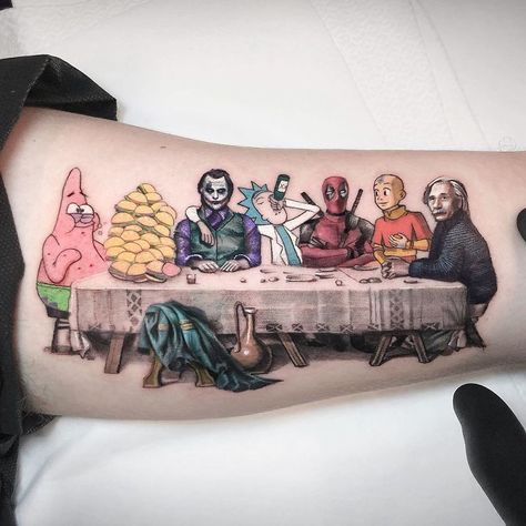 Mini-Colored-Pop-Culture-Tattoo-Kozo Rick E Morty, Funny Tattoo, Tattoo Artists Near Me, Kunst Tattoos, Geniale Tattoos, Tatuaje A Color, The Last Supper, Weird Tattoos, Style Tattoo