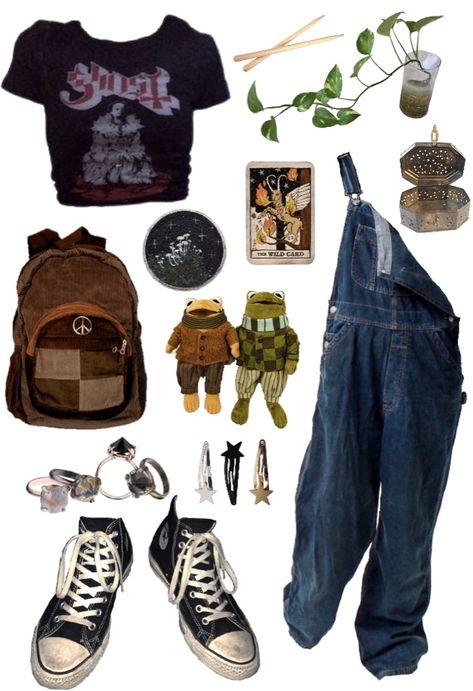 Rock Aesthetic Clothes, Goblin Core Grunge Outfit, Green Overalls Outfits Aesthetic, Artsy Grunge Aesthetic Outfits, Summer Outfits Aesthetic Grunge, Earth Grunge Aesthetic Outfit, 90s Grunge Overalls Outfit, Overall Grunge Outfit, Grunge Camping Outfits