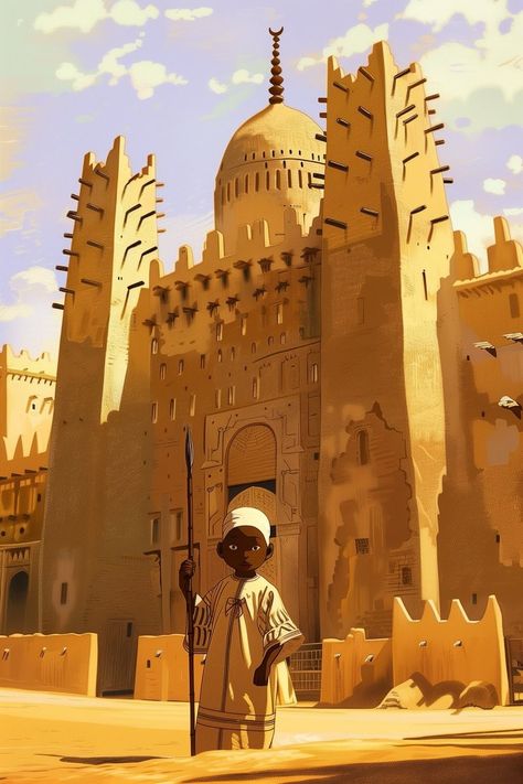 Africa Concept Art, African Landscape Illustration, Africa Fantasy Art, African Fantasy Landscape, Ancient African Architecture, African Concept Art, African Fantasy Art, Medieval Africa, Mali Empire