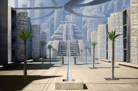 ArtStation - Aztec Modern, Jaap Prins Aztec City Concept Art, Aztec Futurism, Aztec Palace, Aztec Aesthetic, Aztec Architecture, Aztec City, Aztec Temple, Architecture Styles, Egypt Concept Art