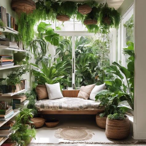 Green Oasis: Plant-filled Reading Nook Ideas Oasis Room, Plant Nook, Plant Filled Room, Plant Sunroom, Conservatory Plants, Backyard Sanctuary, Boho Patio, Piano Room, Boho Room