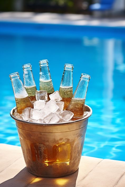 Two Beer Bottles With Straw In An Ice Bucket Outside A Pool Background Daytime Wallpaper, Drink Menu Design, Pool Background, Beer Background, Ice Beer, Pool Drinks, Beer Bucket, Pool Wedding, Product Shoot