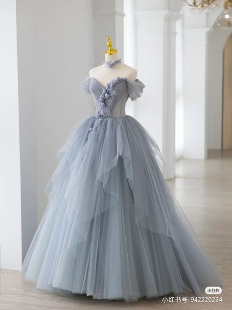 Blue Poofy Prom Dresses, Fairytale Gown Aesthetic, Blue Ballgown Aesthetic, Poofy Dresses Ball Gowns, Blue Poofy Dress, Poofy Princess Dress, Prom Dresses Poofy, Gray Ball Gown, Poofy Prom Dresses