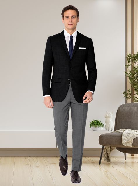 Craft a sophisticated outfit with a sharp black suit jacket and white shirt, complemented by a navy tie, grey pants, and polished brown Oxford shoes, ideal for a polished, professional ensemble. Black Jacket Grey Pants Men, Black Suit Brown Shoes Men, Brown Oxford Shoes Outfit, Black Blazer White Shirt, Black Suit Brown Shoes, Blazer White Shirt, Grey Pants Outfit, Grey Pants Men, Black Blazer Men