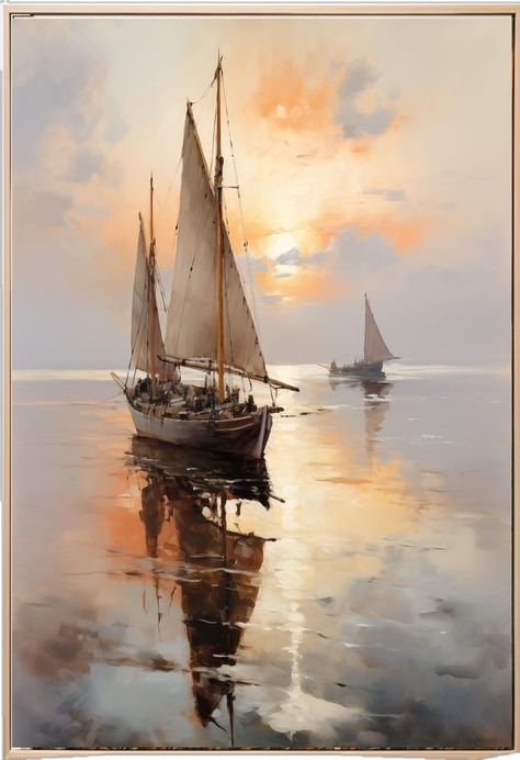 Ocean Art Painting, Muted Colours, Sailboat Painting, Ship Paintings, Boat Art, Soyut Sanat Tabloları, Boat Painting, Sea Breeze, Seascape Paintings