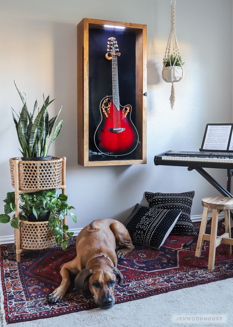 Display your treasured guitar in style! How to build a DIY Guitar Display Case Diy Wood Home Decor, Guitar Display Case, Guitar Display, Diy Dog Crate, Lighting Diy, Morning Wood, Led Lighting Diy, Amazing Husband, Diy Guitar