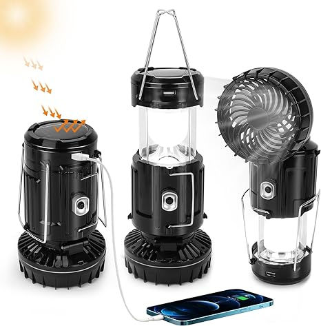 Upgrade Solar Powered Camping Lantern with Fan, Flashlights Charging for Phone, USB Rechargeable & Repalceable Battery Collapsible & Portable for Emergency, Hurricanes, Power Outage, Storm Outdoor Lantern Lighting, Camping Lamp, Camping Lantern, Find Amazon, Camping Lanterns, Well Lights, Travel Shopping, Power Outage, Amazon Must Haves