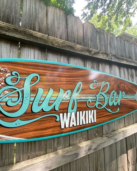 Beach Bar Design Ideas, Surfboard Signs Diy, Surfing Board Designs, Surf Bored Design, Surfboard Welcome Sign, Surfboard Signage, Surfboard Art Design, Kids Church Decor, Container Restaurant