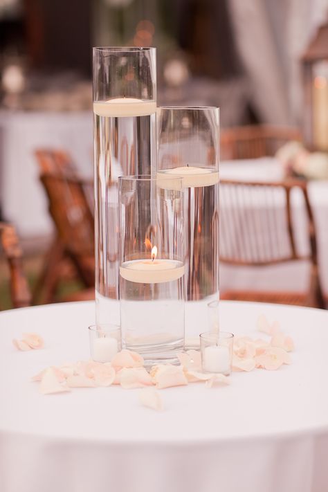 Rose Petal And Candle Centerpiece, Wedding Centre Piece Ideas Romantic, Candle And Water Centerpieces, Floating Candles With Rose Petals, Roses In Water Centerpiece Floating Candles, Pearl Floating Candles, Candle Centerpieces Wedding Circle Table, Flower Petals Centerpiece, Candle And Rose Petal Centerpieces