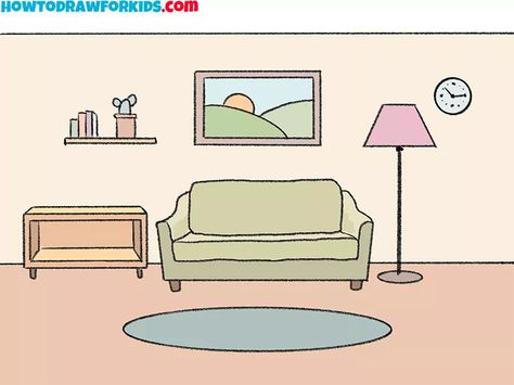 How to Draw a Living Room - Easy Drawing Tutorial For Kids How To Draw A Living Room, Bedroom Easy Drawing, Drawing Of Room Illustration, Bedroom Drawing Easy, Sofa Drawing Easy, How To Draw A Room, Living Room Kawaii, Cartoon Furniture Drawing, Living Room Background Drawing