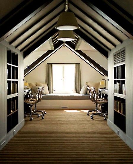 Gotta have the built ins to store all the typical attic stuff and keep my office pretty Home Office With Built Ins, Attic Office, Attic Renovation Ideas, Finished Attic, Attic Playroom, Office Design Inspiration, Angled Ceilings, Small Attic, Attic Design