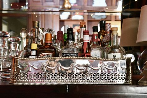 Silver Basket Tray on Our Bar - Crazy Blonde Life Bar Tray Styling, Bar Cart Aesthetic, Lucite Chairs, I Am So Blessed, Holiday Bar, Cocktail Trays, Cart Ideas, Silver Basket, Bar Tray