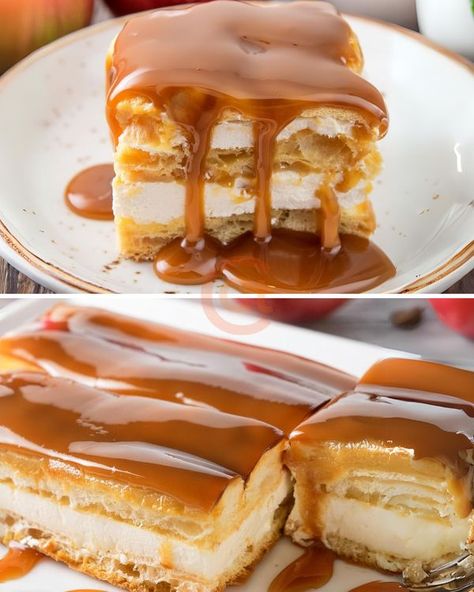 Cooking Crust | 🍏🍰 No-Bake Caramel Apple Eclair Cake | Facebook Eclare Cake Desserts, Apple Eclair Cake, Apple Eclair, Baked Caramel Apples, Baked Caramel, Cooking For A Group, Eclair Cake, Bake Dessert, Caramel Recipes