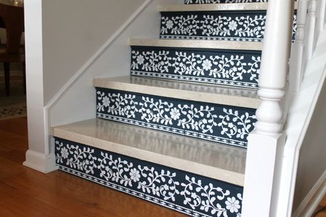 Stenciled Stairs, Painted Stair Risers, Stairs Diy, Faux Marble Paint, Accent Wall Stencil, Marble Stairs, Tile Stencil, Painted Stairs, Stenciled Floor