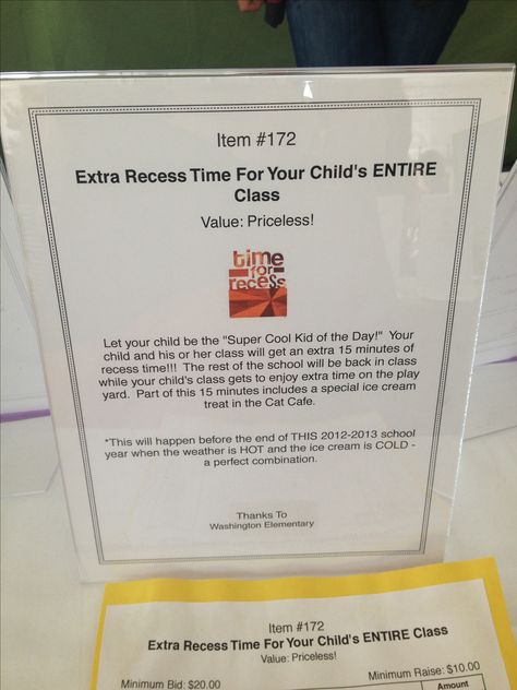 Long recess for the class... Great idea for auction!!! Teacher Silent Auction Ideas Student, School Auction Experience Ideas, School Raffle Ideas, Elementary Student Council Fundraising Ideas, Fun Auction Themes, Live Auction Ideas, Class Raffle Project, Teacher Experience Auction Ideas, School Auction Themes