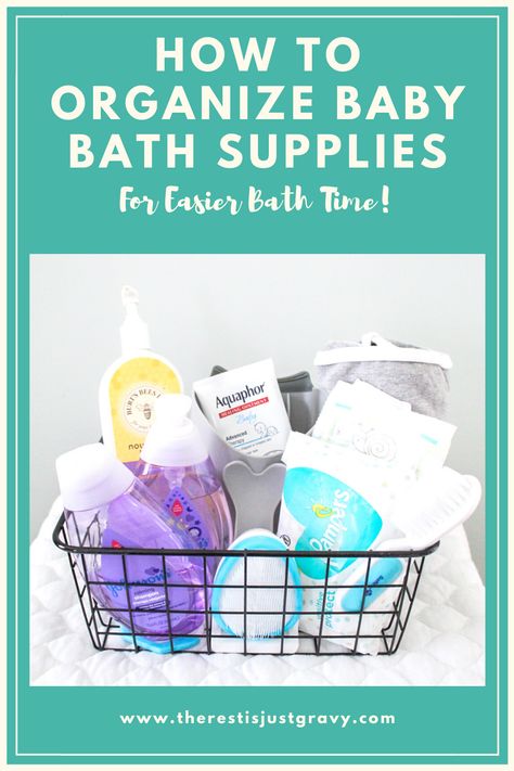 How to make bathing your baby easier with a baby bath time basket! Recommended essentials for bath time and how to organize them all in one place! Newborn Bathroom Essentials, Baby Bath Storage, Baby Bath Organization, Baby Bath Time Essentials, Bath Boms Diy, Romantic Bath, Newborn Bath, Bath Salts Diy, Baby Nursery Organization