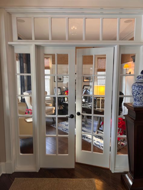 Three French Doors, Home Office Door Ideas, Georgia Core, French Glass Doors, Dining Room French Doors, Home Office Doors, White French Doors, Interior French Doors Office, French Ideas