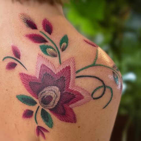 Norwegian embroidery flowers 🌹 🌺 from my lovely clients traditional dress 😊💫 And some flower designs I still have available 😍 @artifactcollections #tattoo #tattooart #colortattoo #embroiderytattoo #embroidery #embroideryart #colorart #colorartist #realistictattoo #flowertattoo #flowerembroidery #embroiderydesign #bodyart #art #artist #artistsoninstagram Ojibwe Floral Tattoo, Embroidery Tattoo Ideas, Norwegian Embroidery, Embroidery Tattoo, Ink Inspiration, Traditional Dress, Color Tattoo, Flower Tattoos, Embroidery Flowers