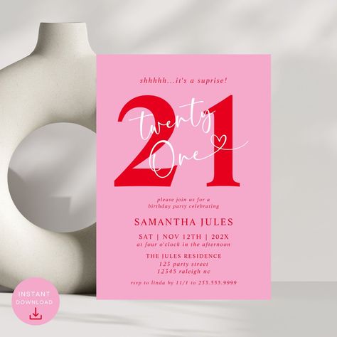 Modern Elegant Pink Red 21st Birthday Party Red 21st Birthday, Twenty First Birthday, Chic Invitation, 21st Birthday Party, 21st Birthday Invitations, Elegant Typography, Birthday Party 21, Party Details, Party Invites