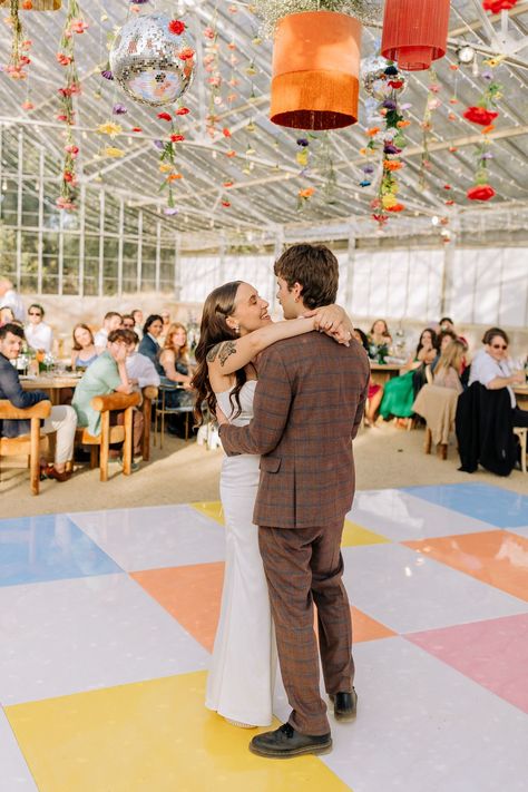 Pastel Dance Floor, Green Checkered Dance Floor, Checkerboard Wedding Floor, Colorful Dance Floor, Unique Wedding Ideas Reception Decorations, Colorful Disco Wedding, Diy Dance Floor Wedding, Pink Dance Floor, Checkered Dance Floor Wedding