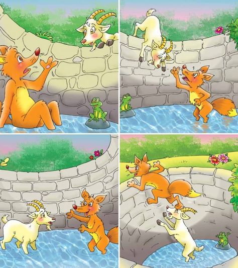 The Fox And The Goat Short Story For Kids, With Moral 9 Tailed Fox Art, White Fox Art, Story Sequencing Pictures, Picture Story Writing, Short Story For Kids, Picture Story For Kids, 9 Tailed Fox, Stories With Moral Lessons, English Moral Stories