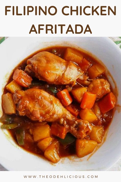 Chicken Afritada is a Filipino stew dish mixed with potatoes, green peas, carrots, bell pepper and tomato sauce. It is best serve with white rice. #chickenafritada #afritada #filipinoafritada Chicken Afritada Recipe, Vegetable Lumpia, Chicken Afritada, Hawaiian Dishes, Stew Chicken Recipe, Gluten Free Recipes For Dinner, Chicken Potatoes, Chicken Stew, Green Peas