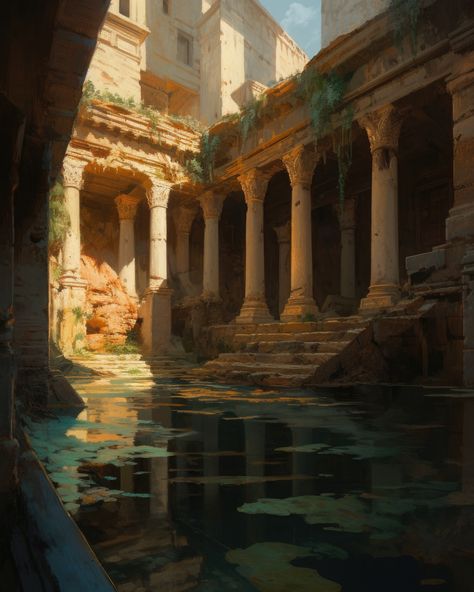 ArtStation - Ancient Roman Pool, Nathan Chen (Oknice) Roman Concept Art, Ancient Lighthouse, Ancient Roman Palace, Ancient Marketplace, Roman Interior, Roman Culture, Roman Fantasy Art, Fantasy Culture, Ancient Roman Houses