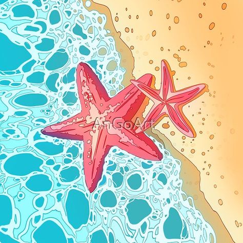 Red sea stars and the ocean  A beautiful aesthetic design with two beautiful red sea stars laying on the beach. A great design for those who love summer, sea theme, and nature in general.  sea star, sea, ocean, beach, summer, blue ocean, waves, blue waves, nature, star, starfish, fish, blue, California, summer beach, sand Starfish Drawing, Aquatic Design, August Art, Sea Creatures Drawing, Star Sea, Ocean Starfish, Starfish Art, Ocean Drawing, Sea Drawing