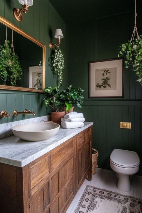 15 Tips for Creating Small Moody Bathrooms – Everyday Inspo Pewter Green Sherwin Williams Bathroom, Small Bathroom Remodel Wallpaper, Dark Green Walls Bathroom, Moody Green Powder Room, Color Wash Bathroom, Moody Cottage Bathroom, Lotr Bathroom, Small Dark Green Bathroom, Green Moody Bathroom