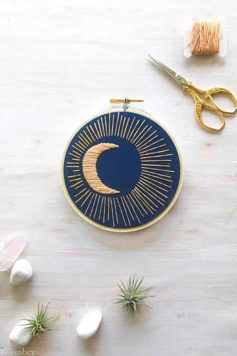 Eclipse Embroidery, Crescent Moon Embroidery, Minimalist Dorm, Moon Embroidery, Navy Blue Wall Art, Embroidery Hoop Wall, Navy Blue Walls, Embroidery Hoop Wall Art, Digital Embroidery Patterns