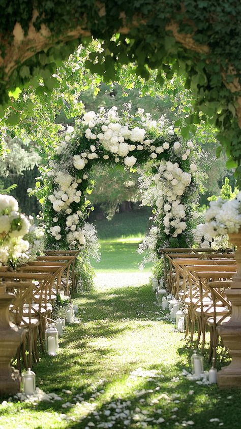 Imagine your dream summer wedding in enchanting Girona gardens! Vintage chairs, a floral archway, and romantic details await. Let us capture your special day with stunning videography. 📸✨ #DreamySummerWedding #EnchantingGirona #WeddingInspo #Midjourney Wedding Venues Floral, Wedding Day Themes, Wedding Venues Spring, Airlie Gardens Wedding, Walled Garden Wedding, Wedding Theme Ideas Elegant Summer, Garden Wedding Ideas Elegant, Greenery Only Wedding, End Of Aisle Wedding Decor