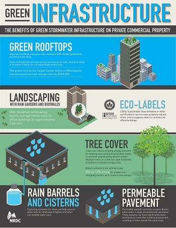 Green infrastructure -- water quality management techniques like green roofs, tree plantings, rain gardens, permeable pavement, that mimic natural hydrologic functions -- has been proven to help solve major urban stormwater problems and improve the health and livability of neighborhoods. Green Infrastructure, Green Roofs, Sustainable City, Like Green, Roof Architecture, Quality Management, Green Architecture, Water Management, Rain Garden