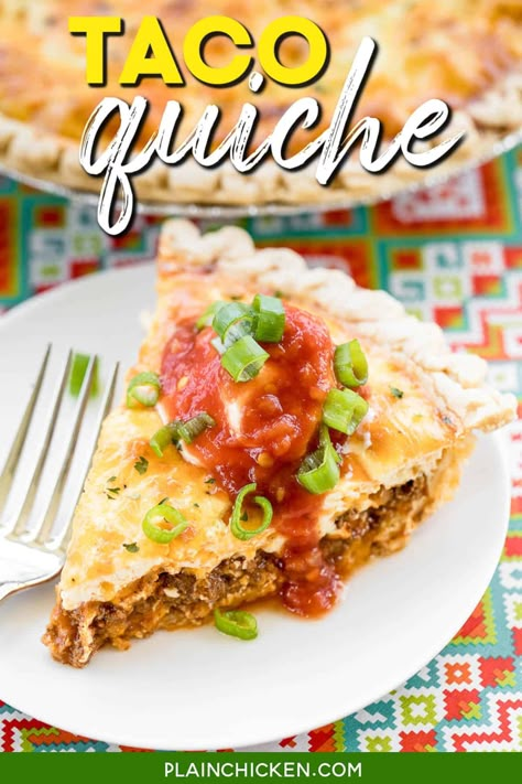 Taco Quiche Recipe – quiche loaded with taco meat, salsa, and cheese. Top with your favorite taco toppings for a fun twist to taco night! Ground beef, taco seasoning, salsa, cheddar cheese, milk, eggs, sour cream, and pie crust. SO simple and full of flavor! Can assemble quiche and freeze unbaked for a quick meal later. I like to double the recipe and bake one and freeze one for later. Everyone LOVES this easy recipe! Taco Quiche, Chicken Quiche, Easy Weekend Breakfast, Tortilla Bowls, Delicious Quiche, Taco Toppings, Quiche Recipes Easy, Beef Taco, Savory Pies