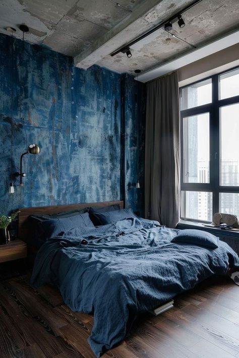 Blue Small Bedroom, Denim Bedroom, Blue Bedroom Ideas For Men, Blue Wallpaper Bedroom, Bachelor Pad Bedroom, Blue Upholstered Headboard, Men’s Bedroom Ideas, Dark Blue Bedroom, Men's Bedroom