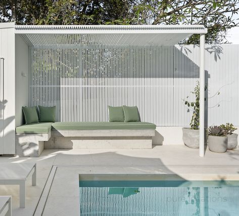 White Pool Cabana Ideas, Queenslander Pool Area, Pool Pergola Ideas Cabanas, White Fence Pool Area, Pool With White Fence, Pool Cabana Design, Outdoor Pool Area Ideas, Cabana Ideas Backyard, Pool Area Ideas