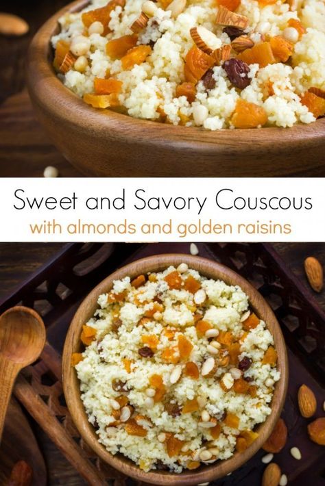 This sweet and savory couscous recipe is easy and delicious.  Loaded with dried fruit and nuts, it is a healthy side dish for just about any entree.   #couscous #healthyrecipes #sidedishes Morocco Recipes, Sweet Couscous, Simple Couscous Recipes, Simple Casseroles, Summer Side Dishes Recipes, Moroccan Couscous, Couscous Recipe, Couscous Recipes, Easy Mediterranean Diet Recipes