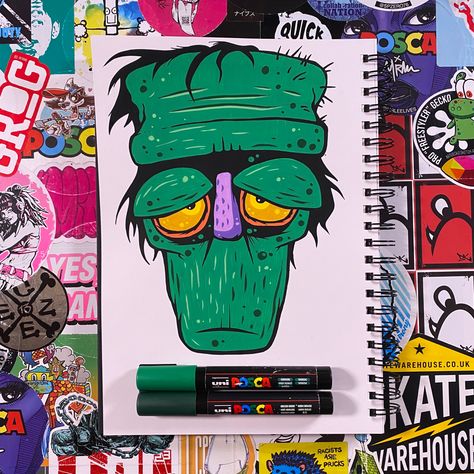 Posca Halloween Art, Trippy Posca Art, Frankenstein Pop Art, Posca Pen Character Art, Monster Graffiti, Marker Inspiration, Posca Drawing, Frankensteins Monster, 90s Art