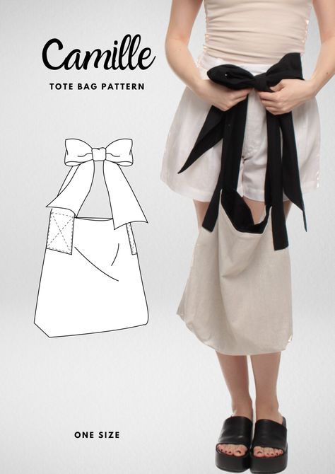 How To Sew The Bow Tote Bag Sewing Pattern Ruffles Sewing Pattern, Sewing Projects Vintage, Summer Outfit Patterns, Diy Bow Tote Bag, Easy Diy Bags And Totes, Cute Bag Patterns To Sew, Slouchy Bow Bag Pattern, Patterns For Sewing Clothes, Sewing Patterns Purse