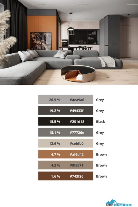 Orange and Gray Living Room Idea with Light Wood Floors and a Massive Modular Sofa (Color Analysis) Light Grey And Orange Living Room, Living Room Grey And Wood, Wood And Grey Living Room, Grey Modular Sofa Living Room, Grey Color Palette Living Room, Orange And Grey Living Room, Light Gray Sofa Living Room Ideas, Gray And Wood Living Room, Grey And Wood Living Room Ideas