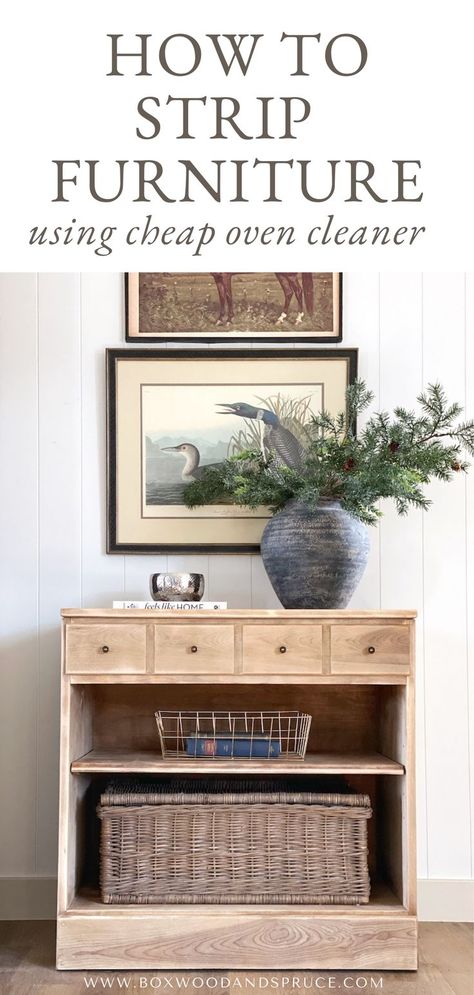 an Ethan Allen nightstand stripped down to raw wood using easy off oven cleaner and styled in a living room Stripping Stained Wood, Stripping Wood Furniture, Easy Off Oven Cleaner, Strip Wood, Stripping Furniture, Paint Removal, Farmhouse Living Room Furniture, Bleached Wood, Oven Cleaner