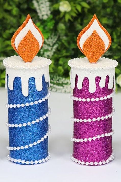 Christmas Decoration with glitter foam sheet step by step - DIY Crafts Ideas - Foamiran paper Christmas Candle | Christmas Cnadle Ideas. #Christmas #Cnadle #Foamiran Glitter Sheet Craft Ideas, Making Christmas Ornaments, Christmas Candle Crafts, Christmas Crafts Diy Gifts, Christmas Candles Diy, Foam Paper, Foam Sheet Crafts, Winter Diy Crafts, Fake Fireplace