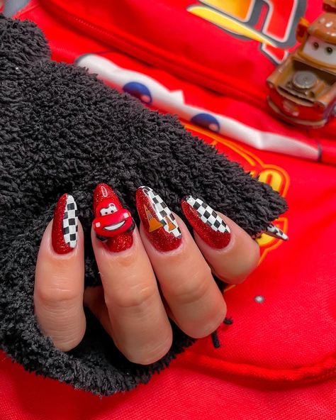 Disney nails ✨ Disney Cars Theme Nails, Lightning Mcqueen Nails Acrylic, Cars Nails Disney, Lightning Mcqueen Nails, Disney Nails Design, Cars Nails, Car Nails, Disney Cars Theme, Island Nails