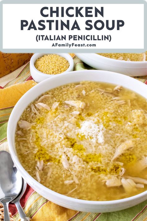 Chicken Pastina Soup - A Family Feast Chicken Pastina Soup Recipe, Chicken Pastina Soup, Pastina Pasta, Chicken Pastina, Family Feast Recipes, Pastina Recipes, Pastina Soup, Homemade Chicken Broth, Feast Recipes