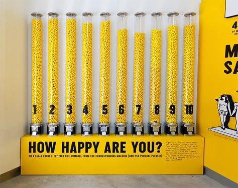 Interactive gum ball participatory exhibit. Vote your happiness level.  The Happy Show by Stefan Sagmeister 3d Data Visualization, Installation Interactive, Sagmeister And Walsh, Interaktives Design, Guerrilla Marketing, Stefan Sagmeister, Happy Show, Interactive Exhibition, Interactive Walls