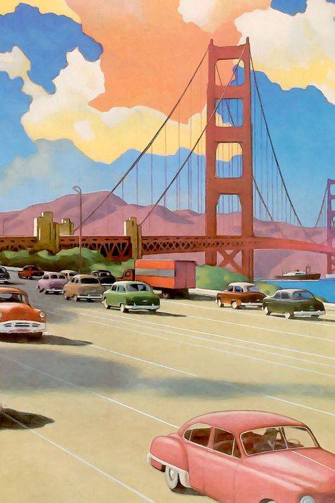 A watercolor-style image of the early 1950s. Vintage cars can be seen driving on the freeway while the Golden Gate Bridge is seen crossing in the background. San Francisco Illustration, San Francisco Wallpaper, 1950s Cars, San Francisco Wall Art, Printable Posters Wall Art, Free Poster Printables, Collage Material, Wanderlust Decor, 1950s Art